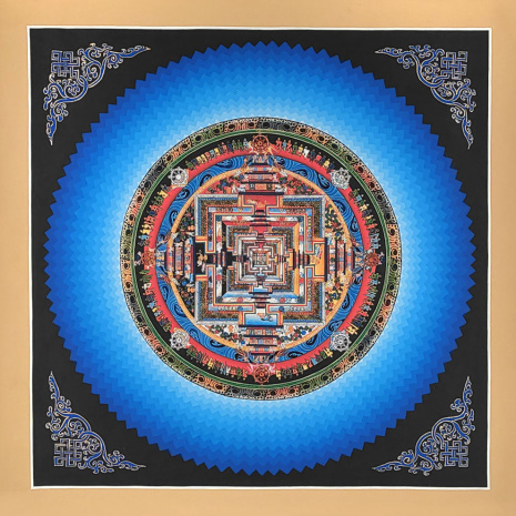 Рисованная Тханка Мандала Калачакры синяя 36х36см