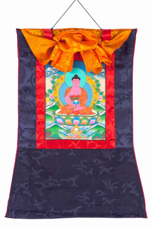 Рисованная Тханка Будда Амитабха 38х53см синяя обшивка