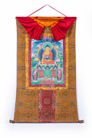 Рисованная Тханка Будда Шакьямуни с учениками мастера Ургьена Тендзина 75х115см