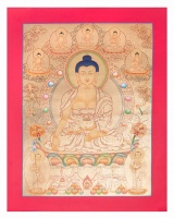 Рисованная Тханка Будда Шакьямуни с пятью Буддами и учениками без обшивки