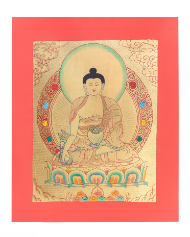 Рисованная Тханка Будда Медицины 30х36см (техника сертанг-золотая) без обшивки
