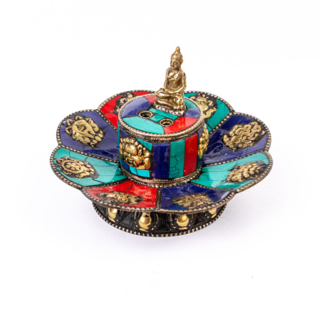 Подставка для благовоний из металла Лотос с Буддой украшена бирюзой, кораллом и лазуритом диаметр 10,5см