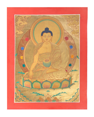 Рисованная Тханка Будда Шакьямуни 35х45см (техника сертанг-золотая) без обшивки