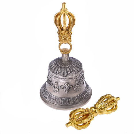 Тибетский колокольчик с ваджром диаметр 9см высота 19см с Буддами