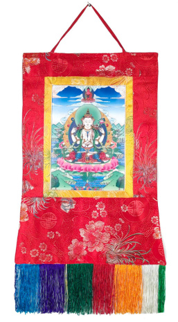 Баннерная Тханка Авалокитешвара (Ченрезиг) в шелковой обшивке 32х43см