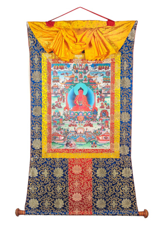 Баннерная тханка Будда Амитабха в чистой земле Сукхавати в шелковой обшивке 97х137см