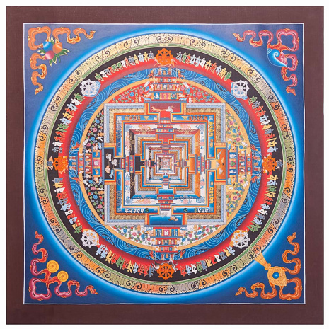 Рисованная Тханка Мандала Калачакры 51х51 см синяя