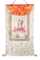 Рисованная Тханка Белая Тара в белой обшивке 56х96см Рисованная Тханка Белая Тара в белой обшивке 56х96см