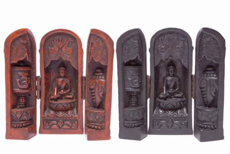Сувенир из керамики складень Будда, Раковина и Молитвенный барабан 12см