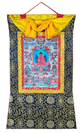 Баннерная тханка Будда Амитабха в чистой земле Сукхавати в шелковой обшивке 66х102см