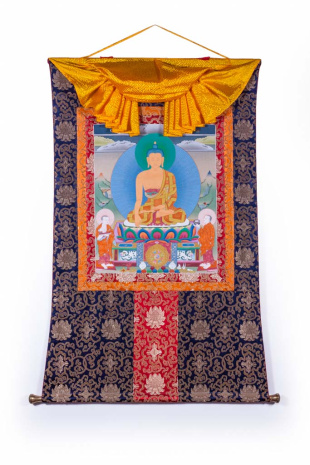 Рисованная Тханка Будда Шакьямуни с учениками мастера Тубтен- ламы 80х128 см