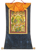 Рисованная Тханка Зеленая Тара с Белозонтичной Тарой и Сарасвати 84х134см Рисованная Тханка Зеленая Тара с Белозонтичной Тарой и Сарасвати 84х134см