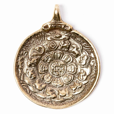 Буддийский мелонг из латуни с изображением тибетского календаря и ОМ диаметр 3,8см