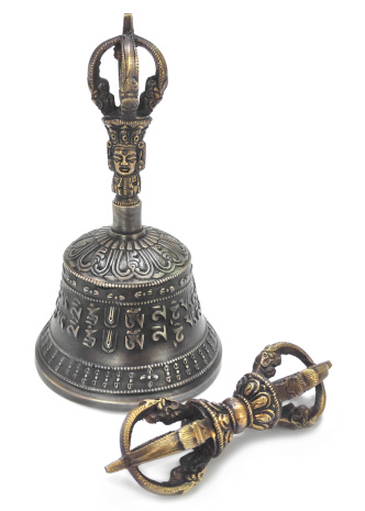 Тибетский колокольчик 5-ти лучевой с ваджром с МАНТРОЙ диаметр 8см высота 15см