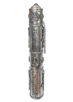 Пенал для благовоний (большой размер) с буддийскими символами, мантрой и драконами из белого металла длина 27см, диаметр 3,5см