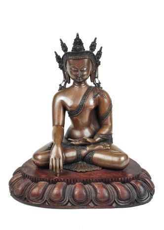 Бронзовая статуя Будда Шакьямуни в короне на деревянном лотосе 40см. Мастерская Раджипа Шакья