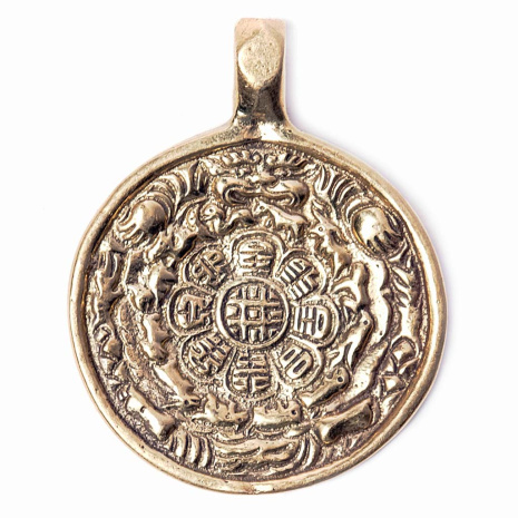 Буддийский мелонг из латуни с изображением тибетского календаря и ОМ диаметр 4,5см