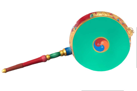 Тибетский барабан с ручкой диаметр 41-46см украшен резьбой и росписью