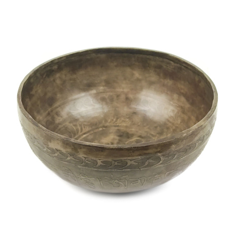 Кованая тибетская поющая чаша с рисунком внутри Колесо Дхармы диаметр 23,5см