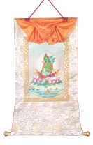 Рисованная Тханка Зеленая Тара в белой обшивке 60х100см Рисованная Тханка Зеленая Тара в белой обшивке 60х100см