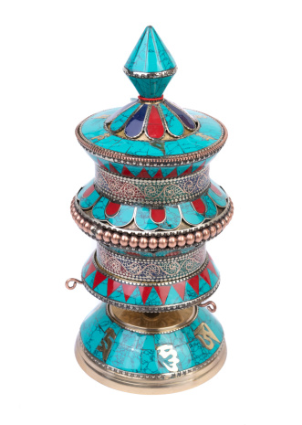 Молитвенный барабан настольный h-21см, диаметр 10см украшен бирюзой, кораллом и лазуритом