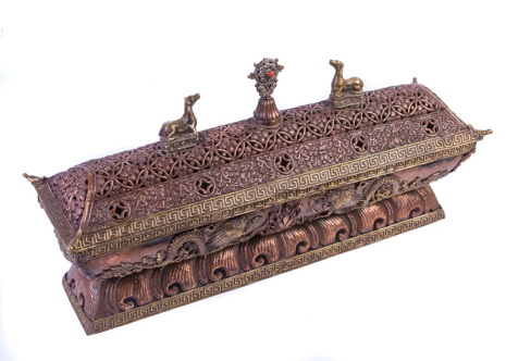 Подставка для благовоний из металла Ковчег с Драконами и с благими символами буддизма длиной 44см