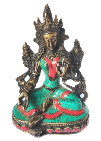 Латунная статуя Зеленая Тара декоративно украшена под бирюзу и коралл 15см
