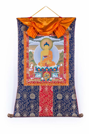 Рисованная Тханка Будда Шакьямуни с учениками 80х115см